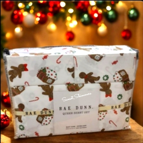 4pc Rae Dunn Queen Gingerbread Christmas Sheet & Pillowcase bed Decor Set New - Picture 1 of 5